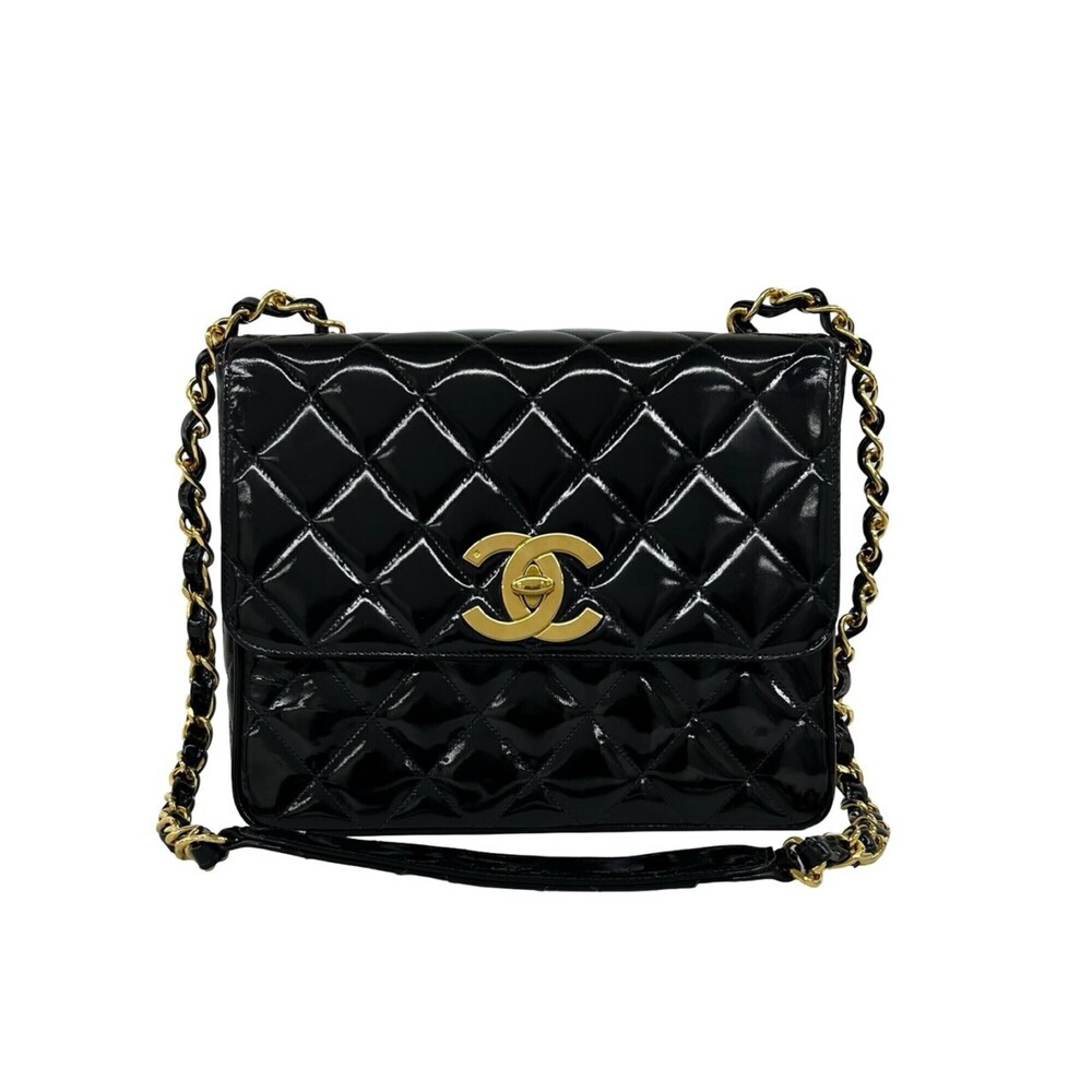CHANEL Vintage Matelassé Coco Mark Patent Leather Chain Shoulder Bag, Black, ...